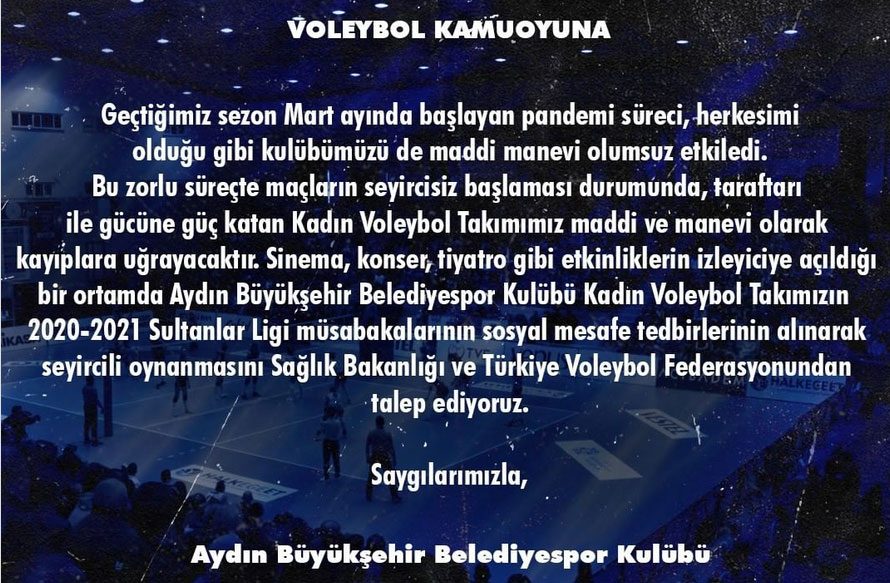 Aydın Büyükşehir Belediyespor’dan seyircili maç talebi