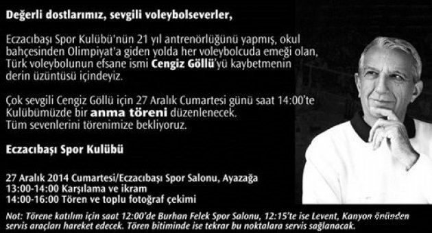 Eczacıbaşı, Cengiz Göllü'yü anacak